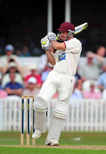 Somerset batsman Andrew Strauss pulls during day one of the tour match between Somerset and India