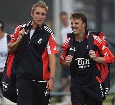 Graeme Swann and Stuart Broad during a practice session in Lord's