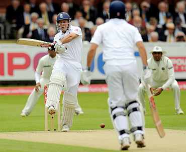 Andrew Strauss pulls during his knock against India