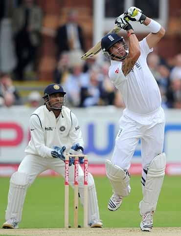 Kevin Pietersen hits a boundary during his knock against India