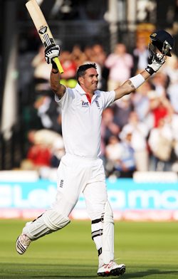 Kevin Pietersen celebrates after scoring 200