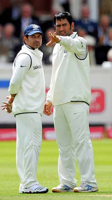 MS Dhoni and Sachin Tendulkar chat during the Test match at Lord's