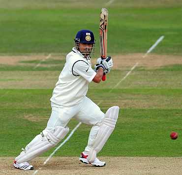 Sachin Tendulkar plays a shot during his knock against England