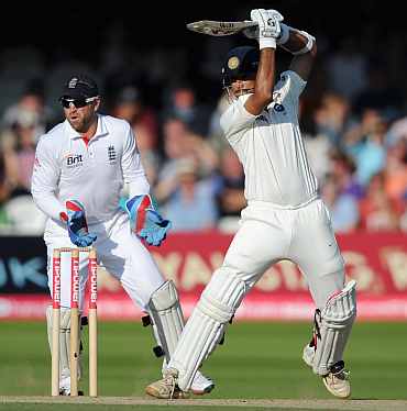 Rahul Dravid hits a boundary off Graeme Swann