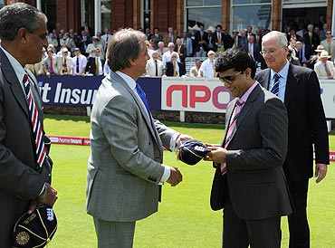 Sourav Ganguly and Bob Willis receive caps from ECB Chairman Giles Clarke