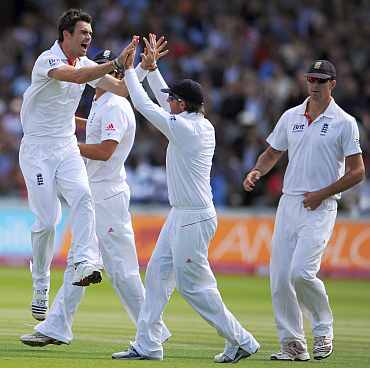 James Anderson celebrates after picking up Sachin Tendulkar's wicket