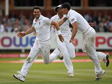 James Anderson celebrates after his five-wicket haul
