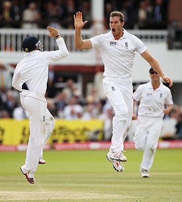 An airborne Chris Tremlett celebrates yet another wicket