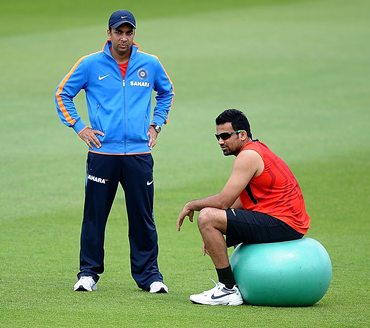 Zaheer Khan relaxes after being put through a fitness Test at Trent Bridge on Thursday
