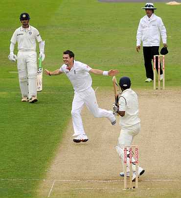 James Anderson celebrates after picking the wicket of Abhinav Mukund