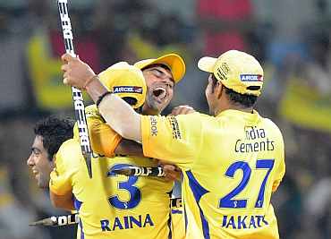 Chennai Super Kings players celebrate after winning IPL4