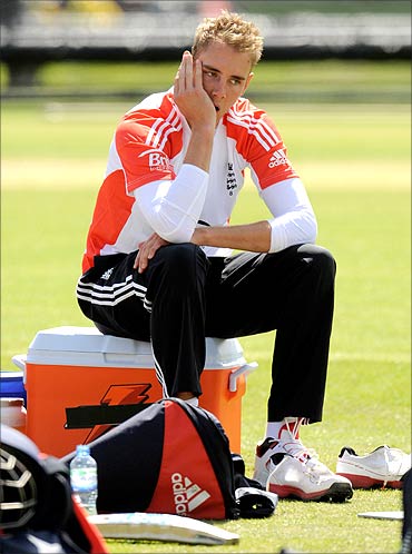 England's Stuart Broad looks on during a training session