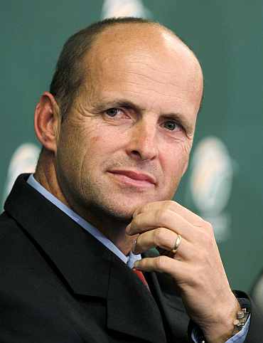 South African cricket coach Gary Kirsten gestures during a news conference in Johannesburg