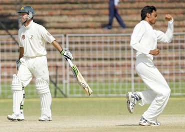 Unadkat celebrates after dismissing Ricky Ponting in the Board President's match in September 2010