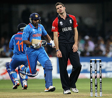 James Anderson of England shows his frustration as a run is taken from his bowling
