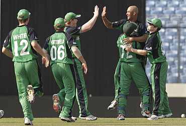 Ireland players celebrate after picking up a wicket