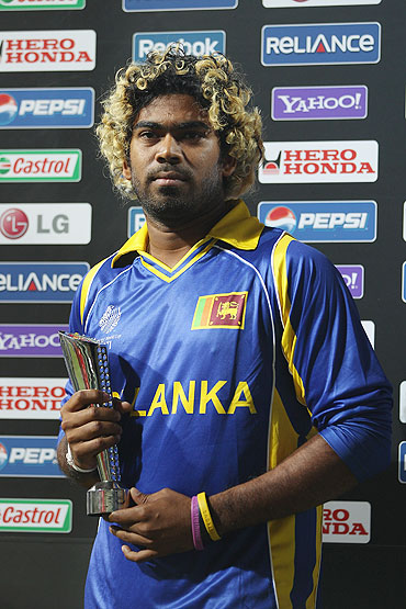 Lasith Malinga of Sri Lanka with the Man of the Match trophy