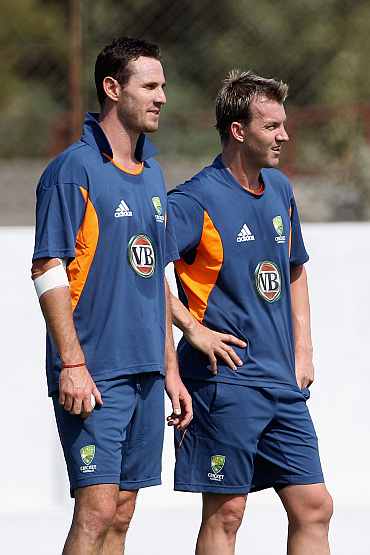 Shaun Tait and Brett Lee during a practice session