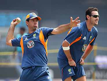 Australia's Ricky Ponting and Shaun Tait during a practice session in Colombo