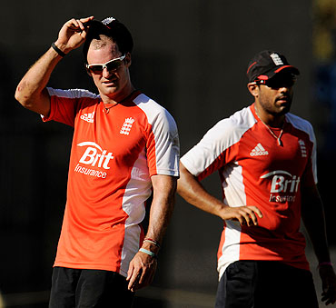 England's captain Andrew Strauss (left) wih teammate Ravi Bopara at a nets session in Chennai on Saturday