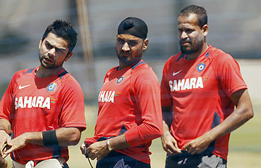 India's (left to right) Virat Kohli, Harbhajan Singh and Yusuf Pathan during a practice session in Bangalore on Saturday
