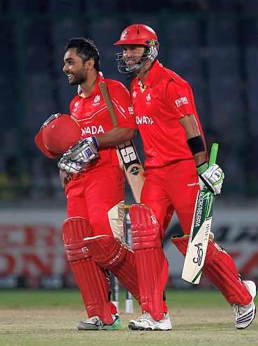 Canada skipper Ashish Bagai walks back to the pavillion after winning his match against Kenya in New Delhi