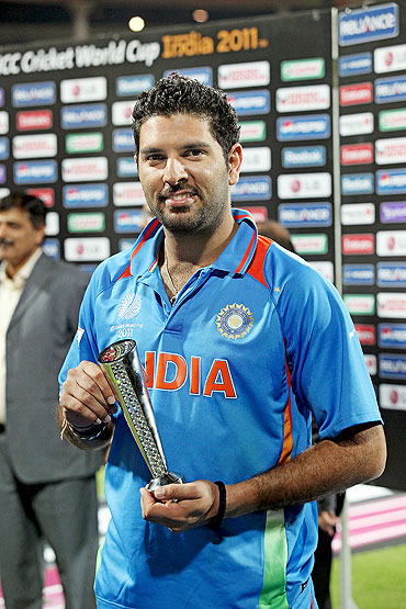 Yuvraj Singh with his Man of the Match trophy