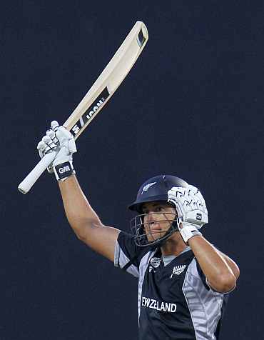 Ross Taylor celebrates after reaching his century against Pakistan