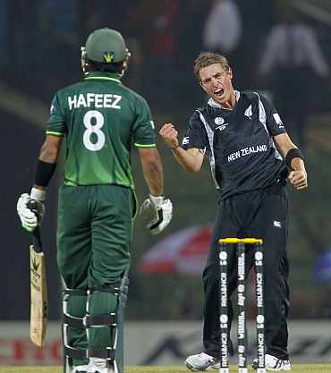 New Zealand's Tim Southee celebrates after picking up the wicket Mohammad Hafeez