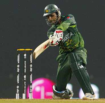Pakistan's Abdul Razzaq plays a cover drive during his match against New Zealand