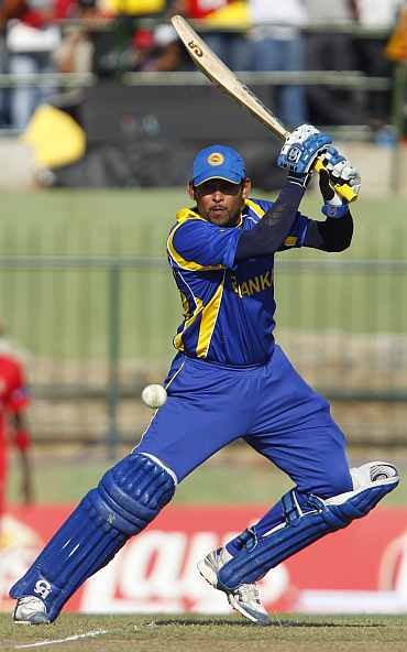 Tillakratne Dilshan hits a shot on the off side during his knock against Zimbabwe