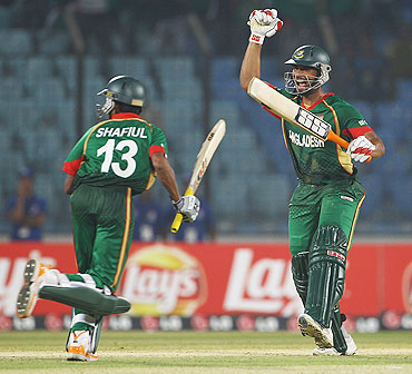 Mahmudullah of Bangladesh celebrates after hitting the winning runs