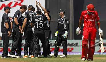 New Zealand players celebrate after a fall of a wicket in Mumbai