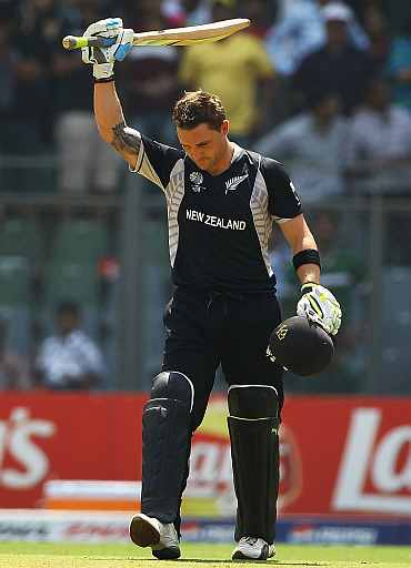 Brendon McCullum reacts after reaching his century in World Cup