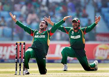 Bangladesh skipper Shakib Al Hassan appeals for a wicket during his match against the Netherlands