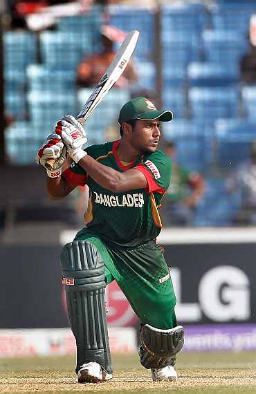 Imrul Kayes plays a hot on the off side during his knock against Netherlands