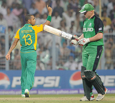 Robin Peterson of South Africa celebrates the wicket of Kevin O'Brien of Ireland
