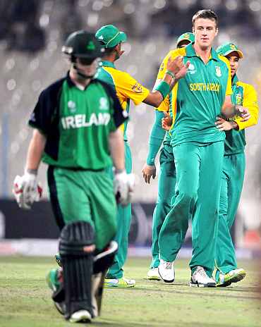 South Africa's Morne Morkel celebrates after picking up a wicket during his match against Ireland