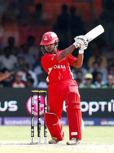 Canada's Hiral Patel plays a shot during his knock against Australia