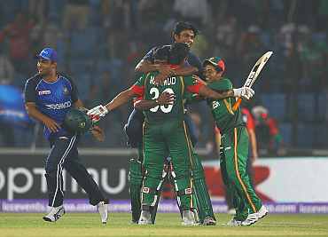 Bangladesh team celebrates after winning a match