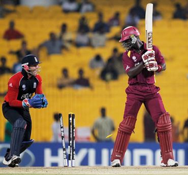 Darren Sammy of West Indies looks back at his stumps after being bowled by Bopara