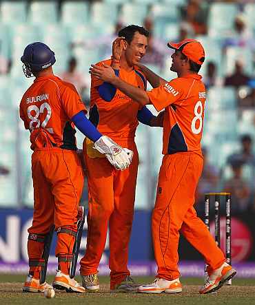The Netherland players react after picking up a wicket