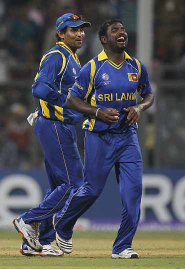 Muttiah Muralitharan celebrates after picking a wicket