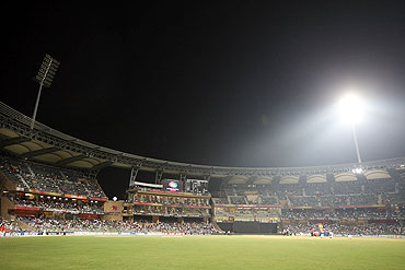 A floodlight fails at the Wankhede Stadium during the match between New Zealand and Sri Lanka on Friday