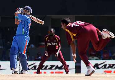 Yuvraj Singh plays a pull shot during his innings against West Indies
