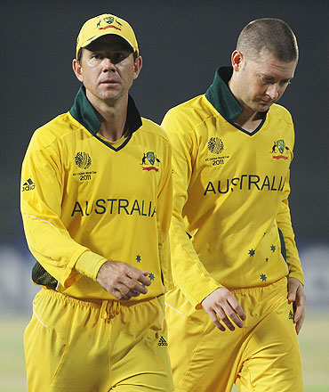 Ricky Ponting (left) and Michael Clarke of Australia leave the field after their defeat to Pakistan