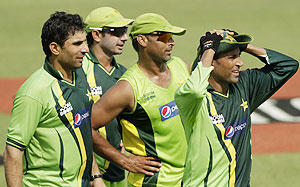 Pakistan's Misbah-ul-Haq, Saeed Ajmal, Shoaib Akhtar and Younis Khan at a practice session in Mirpur