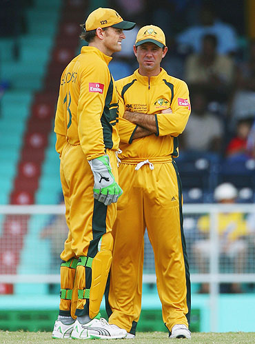 Ricky Ponting (right) and Adam Gilchrist during a 2007 World Cup warm-up match