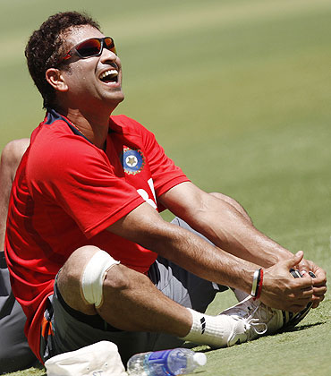 Sachin Tendulkar has a laugh during a practice session in Ahmedabad on Tuesday