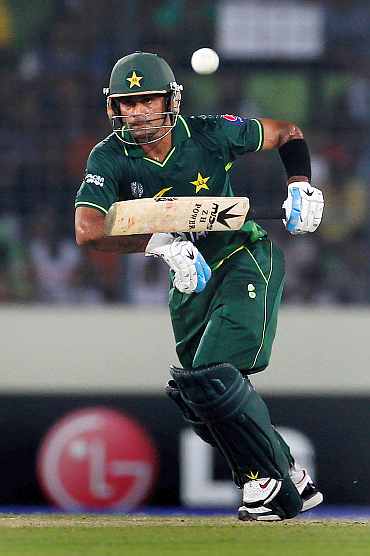 Mohammad Haffez plays a shot during his knock against West Indies
